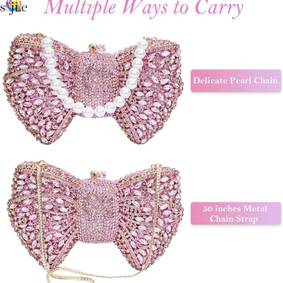 Handmade Inlay Rhinestone Bow Clutch Bag for Women, Sparkling Evening Party Wedd - Picture 3 of 6